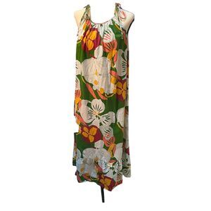 NAOO Green Hawaiian Floral Maxi Dress S Cotton Boho Tiered Ruffle Tie Strap EUC